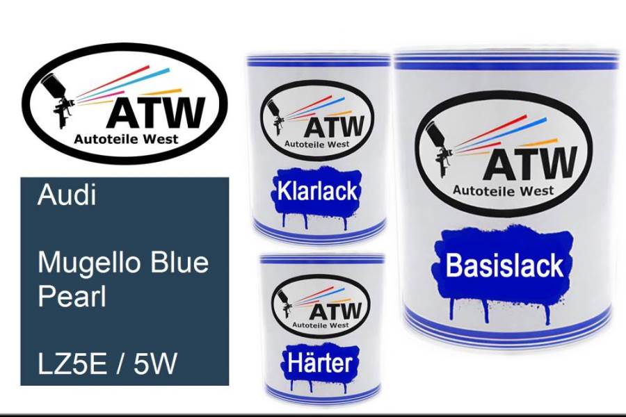 Audi, Mugello Blue Pearl, LZ5E / 5W: 1L Lackdose + 1L Klarlack + 500ml Härter - Set, von ATW Autoteile West.